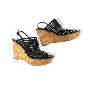 Franco Sarto Sombre Black‎ Strappy Cork Wedge Open Toe Sandals Heels Size 7.5 M